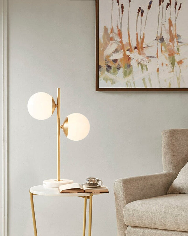 Lampa stołowa z matowego szkła, wyposażona w dwie żarówki, idealna do wnętrz w stylu sk 4