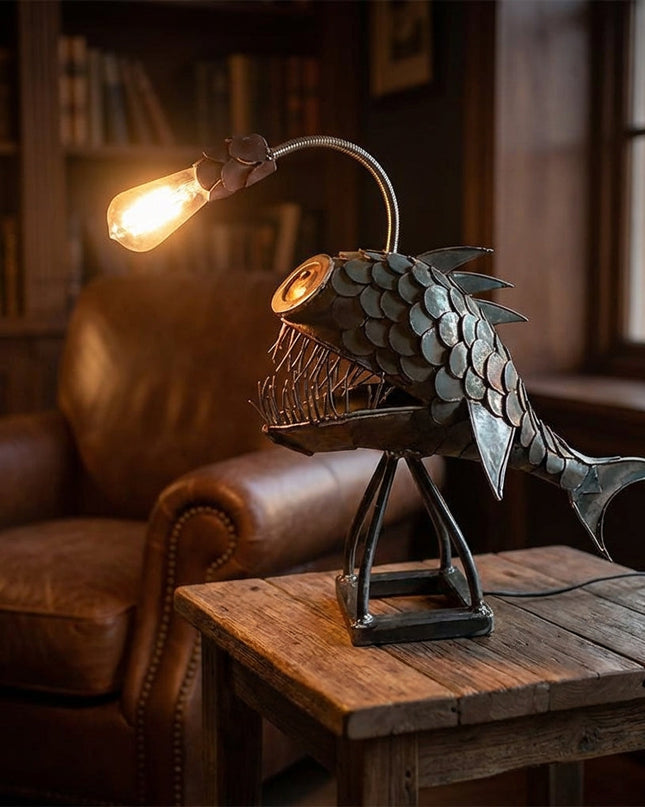 Lampa stołowa z regulowanym kloszem i rzeźbiarską sylwetką ryby w retro designie, ideal 0