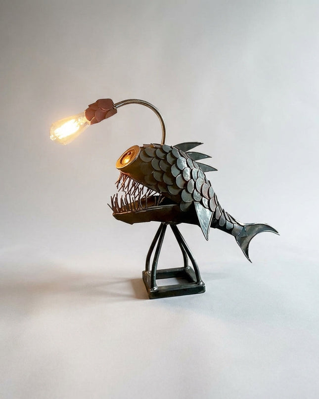 Lampa stołowa z regulowanym kloszem i rzeźbiarską sylwetką ryby w retro designie, ideal 1