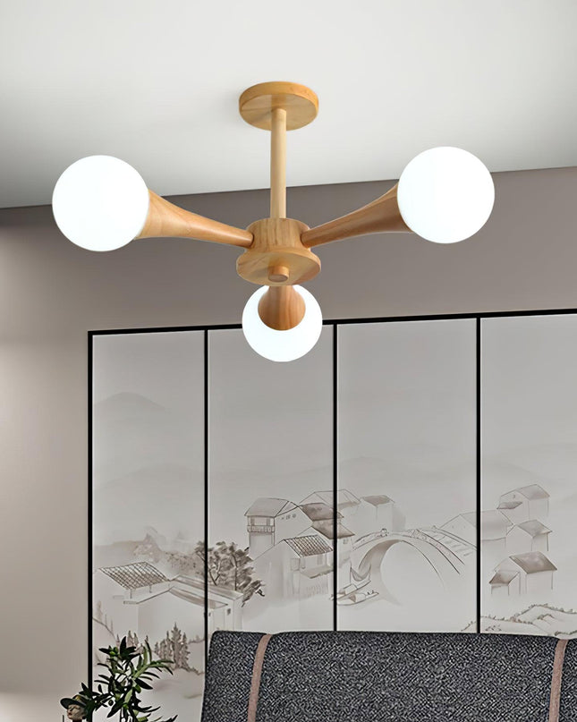 Lampa Sufitowa Nera z Drewna i Szkła – Elegancka Lampa Sufitowa do Salonu z 3-5 Głowicami, Idealna do Oświetlenia LED 1