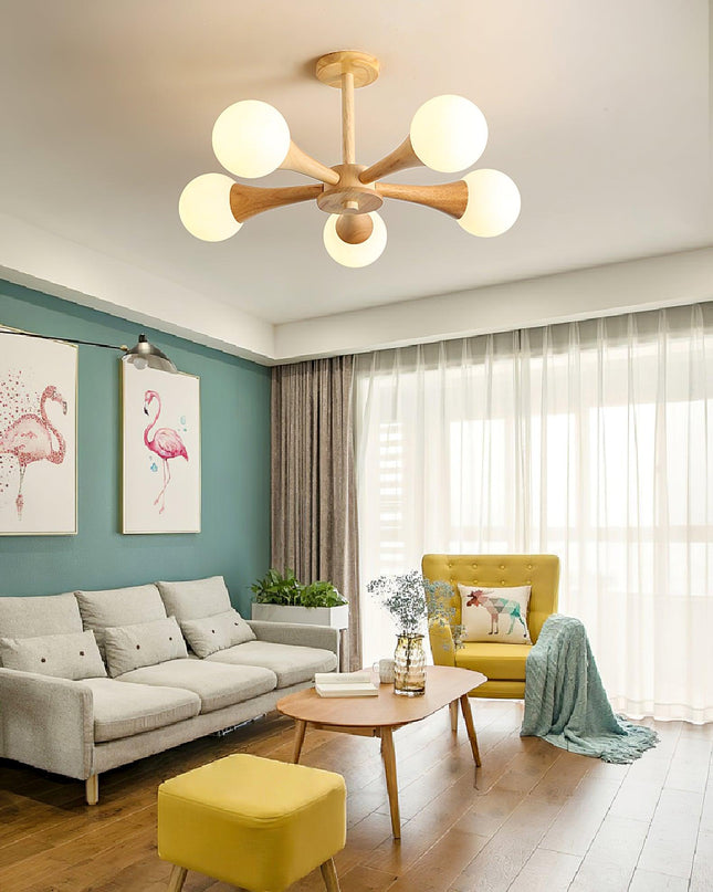 Lampa Sufitowa Nera z Drewna i Szkła – Elegancka Lampa Sufitowa do Salonu z 3-5 Głowicami, Idealna do Oświetlenia LED 8