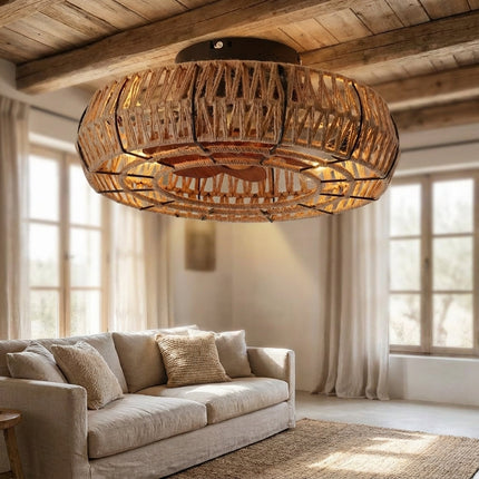Lampa sufitowa vintage Zen z wentylatorem i oświetleniem, ręcznie tkany klosz idealny do salonu 0