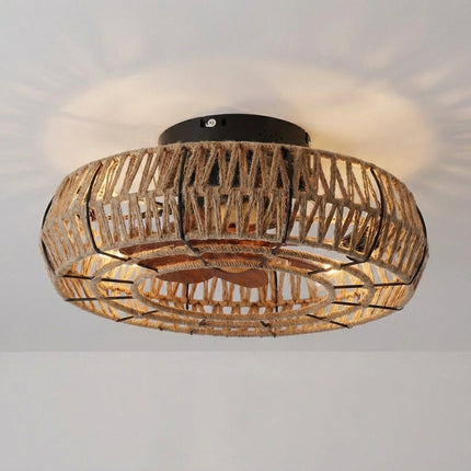 Lampa sufitowa vintage Zen z wentylatorem i oświetleniem, ręcznie tkany klosz idealny do salonu 1