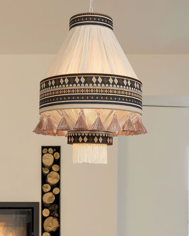 Lampa Wisząca Boho z Frędzlami – Stylowa Lampa z Geometricznymi Wzorami 2