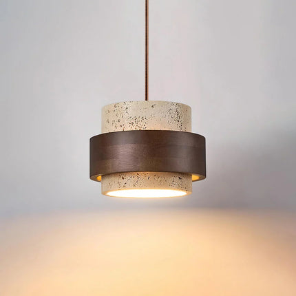Lampa wisząca cylinder z trawertynu i drewnianą opaską, regulowana wysokość, idealna do oświet 0
