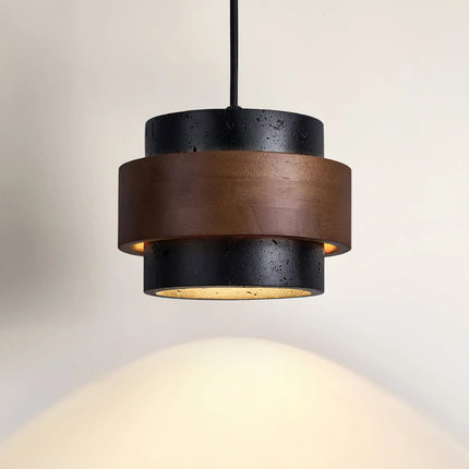 Lampa wisząca cylinder z trawertynu i drewnianą opaską, regulowana wysokość, idealna do oświet 19