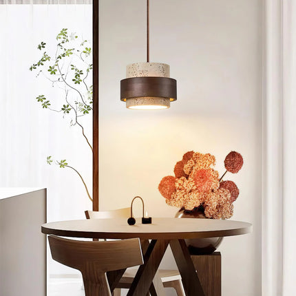 Lampa wisząca cylinder z trawertynu i drewnianą opaską, regulowana wysokość, idealna do oświet 2