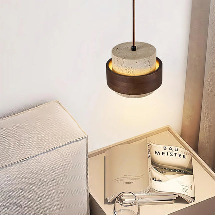 Lampa wisząca cylinder z trawertynu i drewnianą opaską, regulowana wysokość, idealna do oświet 4