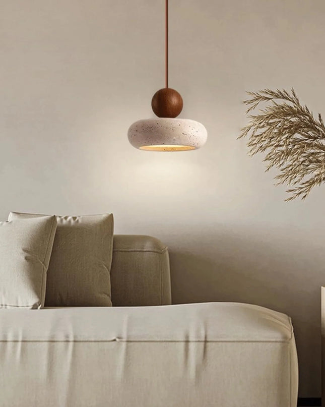 Lampa wisząca LED z drewna i betonu, emitująca ciepłe światło, o nowoczesnym minimalistycznym design 3