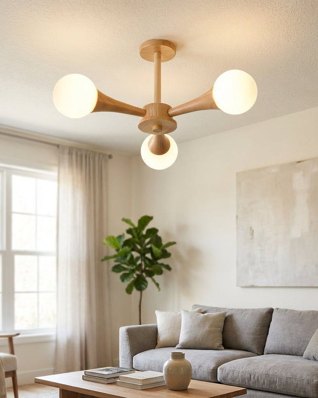 Lampa wisząca z drewna i szkła o średnicy 40 cm, idealna do nowoczesnego salonu i jadalni 1
