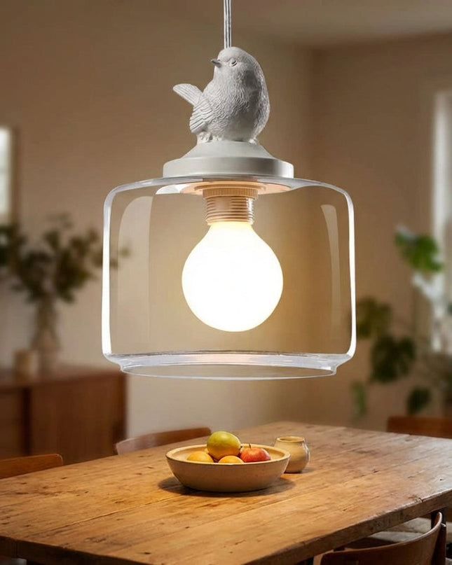 Lampa wisząca z LED i szklanym kloszem z detalem ptaków, nowoczesne oświetlenie do salon 0