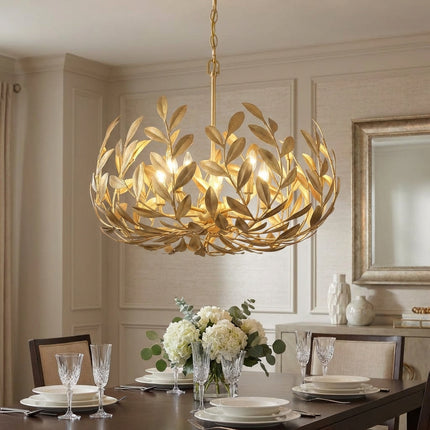 Lampa wisząca z motywem liści w kolorze antycznego złota, idealna jako dekoracyjne oświetlenie do 1