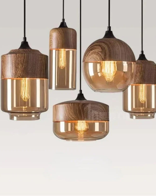 Lampa Wisząca z Ręcznie Dmuchanym Szkłem i Drewnem – Elegancka Lampa Regulowana do Salonu i Jadalni 2