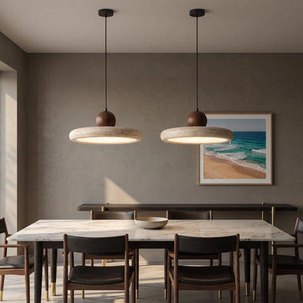 Lampa wisząca z trawertynu i drewna, dimmable LED, styl Wabi-Sabi, 28W, ideal 1
