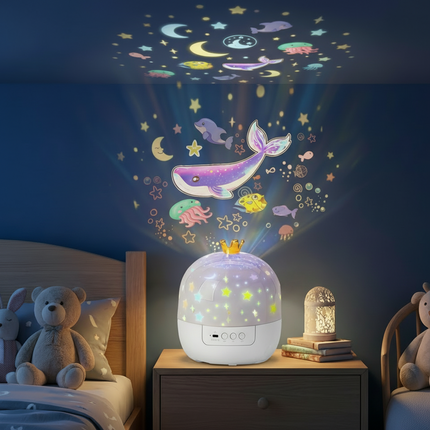 Lampa projektorowa LED Night Sky z tematycznymi slajdami – sensoryczna lampka nocna dla dzieci, bezpieczna i trwała konstrukcja 1