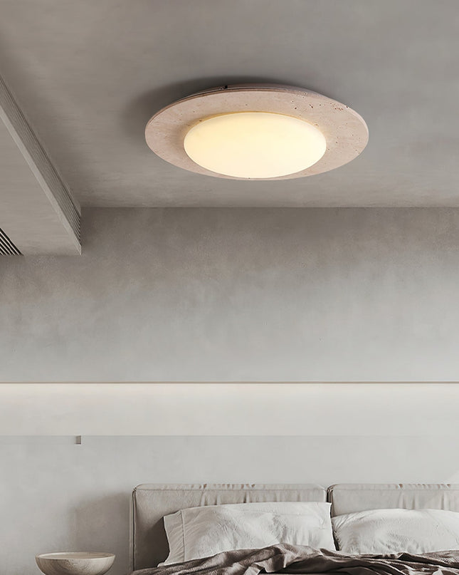 Lampa sufitowa Sky Dome z żółtego trawertynu i litego drewna – elegancka lampa w kształcie kopuły 3