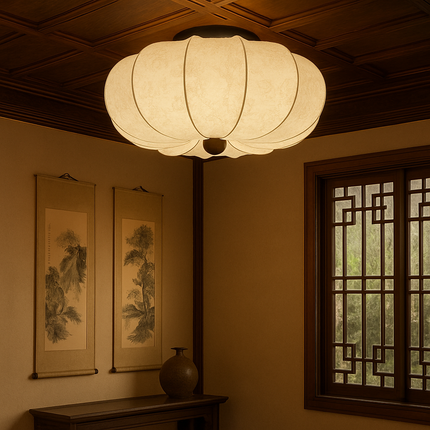 Lampa sufitowa z jedwabiu z oświetleniem LED – średniowieczny design, luksusowy abażur z tkaniny, opcje 40 cm, 50 cm lub 60 cm 5