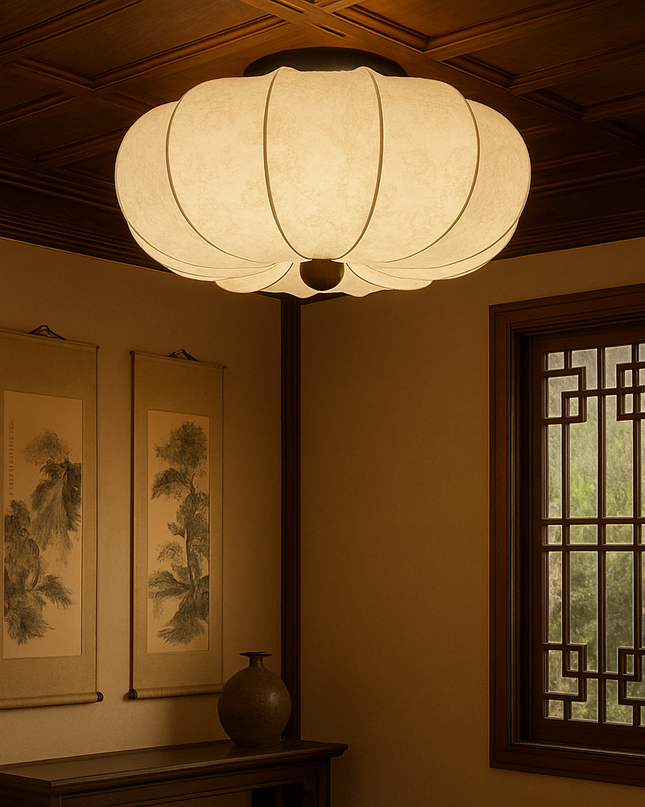 Lampa sufitowa z jedwabiu z oświetleniem LED – średniowieczny design, luksusowy abażur z tkaniny, opcje 40 cm, 50 cm lub 60 cm 5
