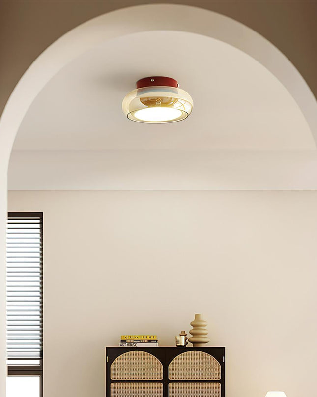 Lampa sufitowa z wbudowaną diodą LED i okrągłym szklanym kloszem – nowoczesny metalowy design do sypialni i salonu 2