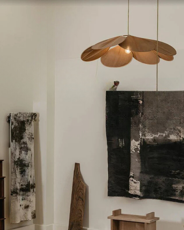 Lampa wisząca w kształcie kwiatu z ciepłym światłem – lampa wisząca z tkaniny i metalu do salonu i jadalni 0