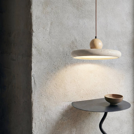 Lampa wisząca z regulowaną wysokością – LED, skandynawski minimalistyczny design – naturalny trawertyn i drewno 0