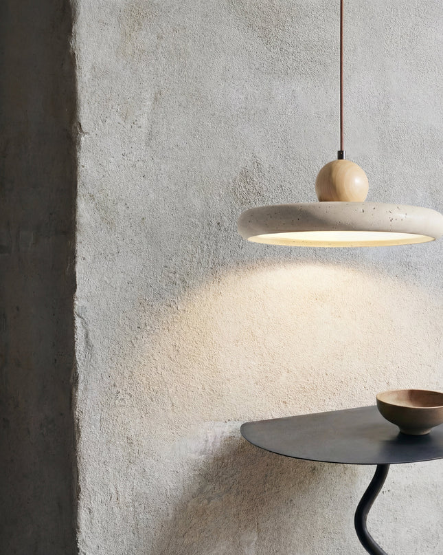 Lampa wisząca z regulowaną wysokością – LED, skandynawski minimalistyczny design – naturalny trawertyn i drewno 0