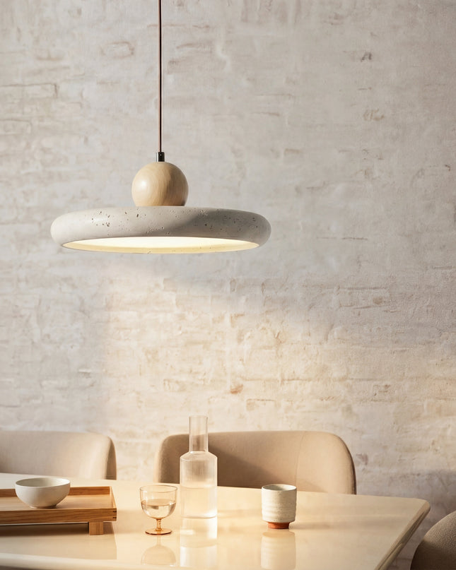Lampa wisząca z regulowaną wysokością – LED, skandynawski minimalistyczny design – naturalny trawertyn i drewno 1