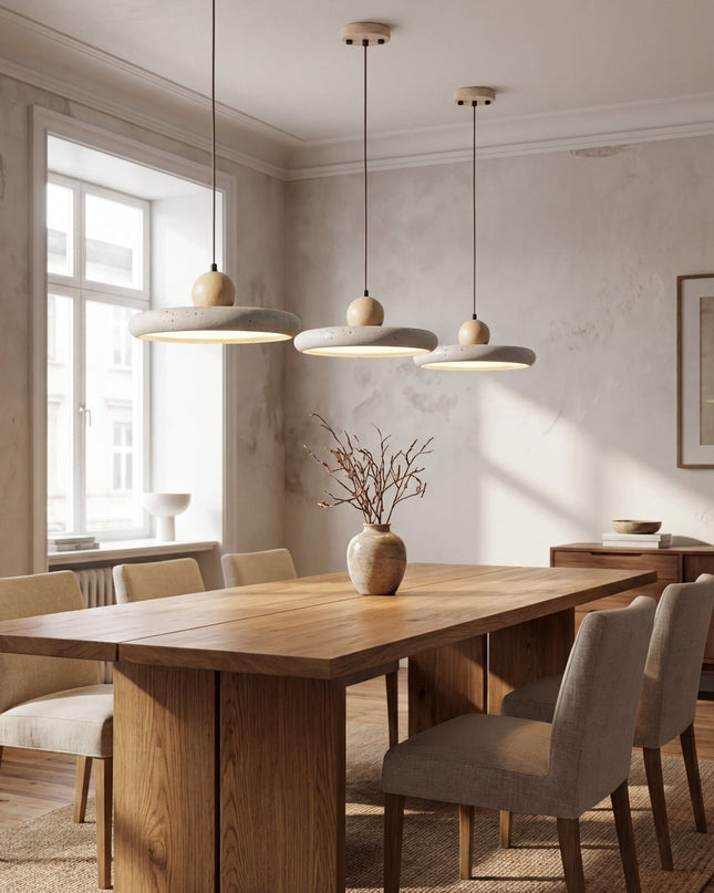 Lampa wisząca z regulowaną wysokością – LED, skandynawski minimalistyczny design – naturalny trawertyn i drewno 2