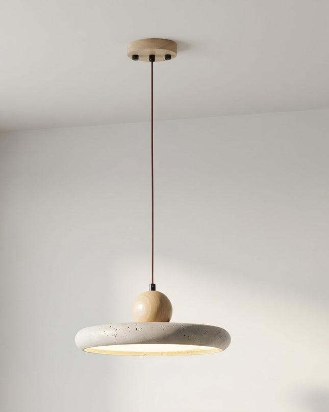 Lampa wisząca z regulowaną wysokością – LED, skandynawski minimalistyczny design – naturalny trawertyn i drewno 3