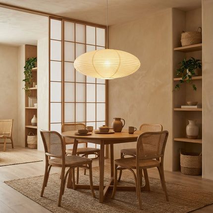 Lampa wisząca z regulowaną wysokością i delikatnym światłem LED – minimalistyczny wzór wabi-sabi z ręcznie robionego papieru 0