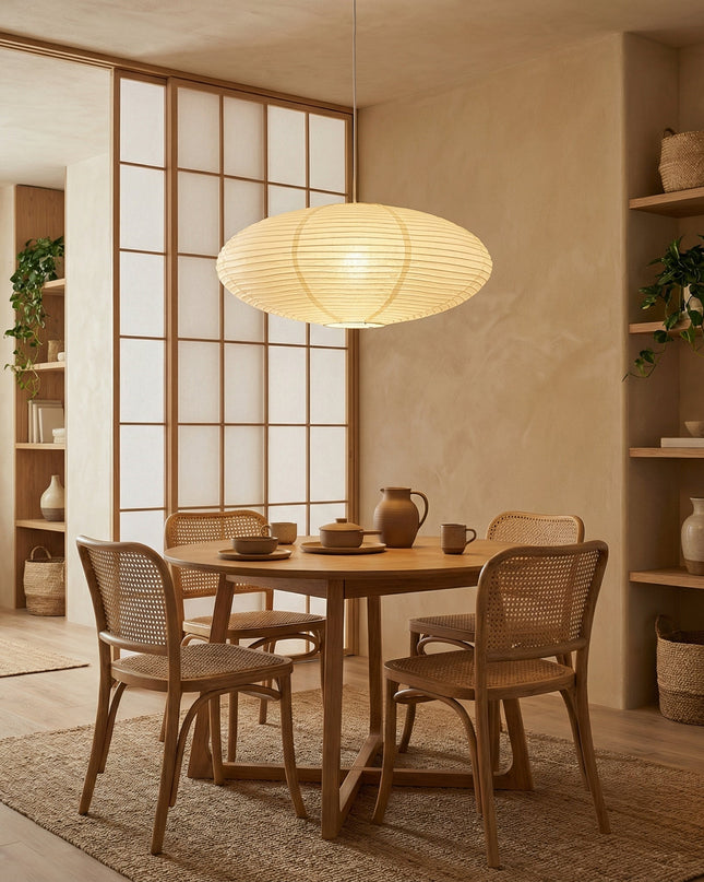 Lampa wisząca z regulowaną wysokością i delikatnym światłem LED – minimalistyczny wzór wabi-sabi z ręcznie robionego papieru 0