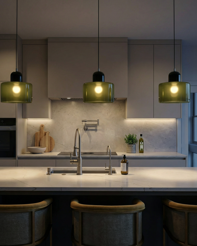 Lampa wisząca z regulowaną wysokością i przezroczystym szklanym kloszem do wyspy kuchennej – nowoczesny design Bauhaus 2