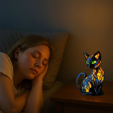 Lampa witrażowa w kształcie kota z ciepłym, nastrojowym światłem – dekoracyjna lampka nocna 2