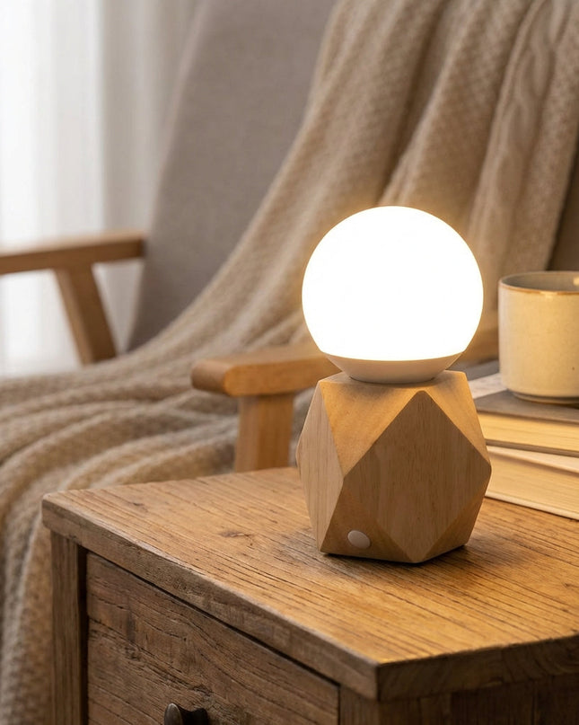 Lampka nocna z dotykowym sterowaniem, ładowaniem USB i nowoczesnym designem, featuring geometryczną podstawę LED 1