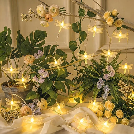 Lampki choinkowe LED w kształcie ważek, zasilane bateryjnie, emitujące ciepłe białe świat 0