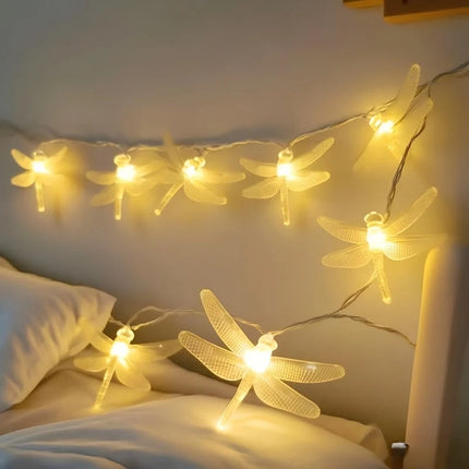 Lampki choinkowe LED w kształcie ważek, zasilane bateryjnie, emitujące ciepłe białe świat 5