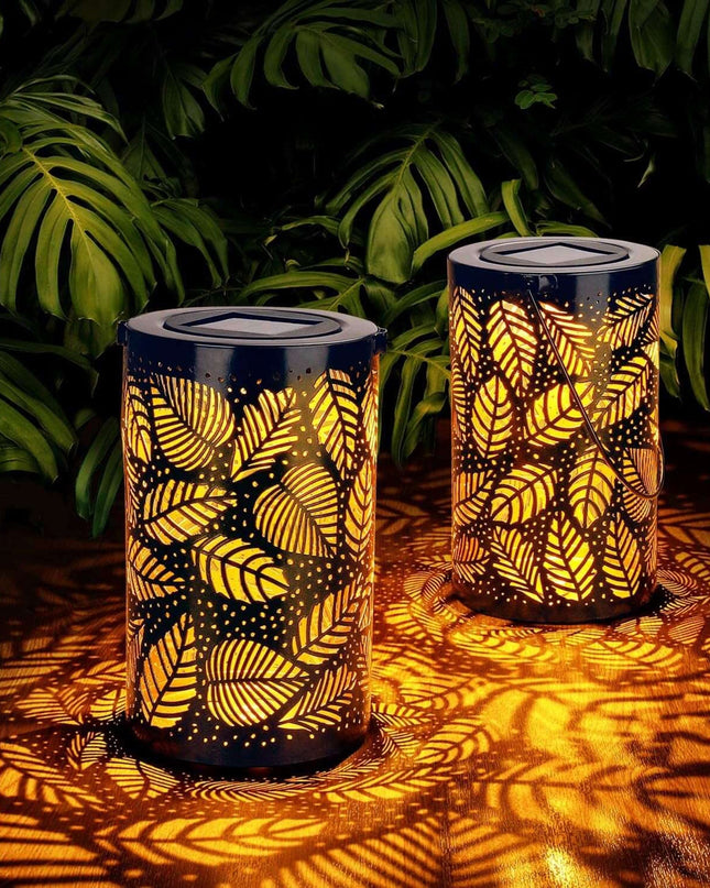 Latarnia Ogrodowa Solarne Świecąca Liść – Zestaw 2 Sztuk, Odporna na Warunki Atmosferyczne, Złota Decoracja do Ogrodu 0