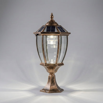 Latarnia zewnętrzna słoneczna z zintegrowanym LED w retro stylu, wykonana z aluminium i szkła, emitują 2
