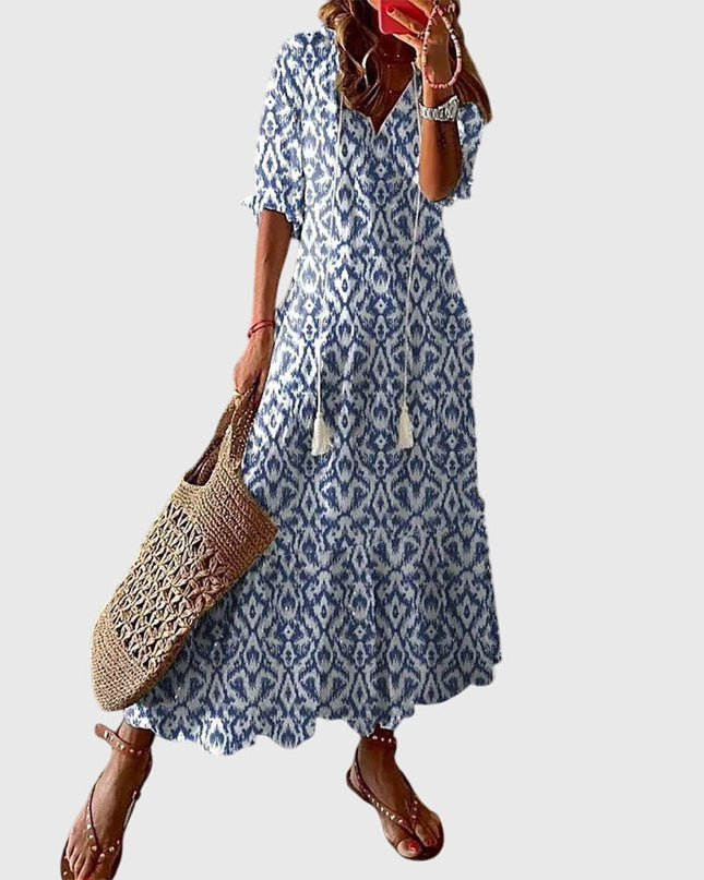 Letnia sukienka w stylu boho vintage z efektownym dekoltem w serek – lekka i uniwersalna 0