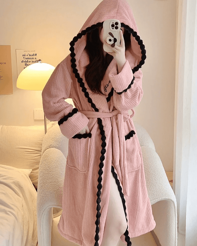 Luksusowy flanelowy szlafrok | Gruby aksamitny szlafrok w kolorze koralowym z długim kapturem 0