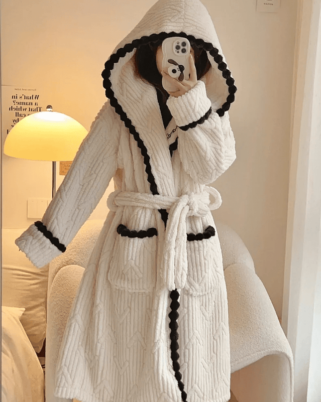 Luksusowy flanelowy szlafrok | Gruby aksamitny szlafrok w kolorze koralowym z długim kapturem 1