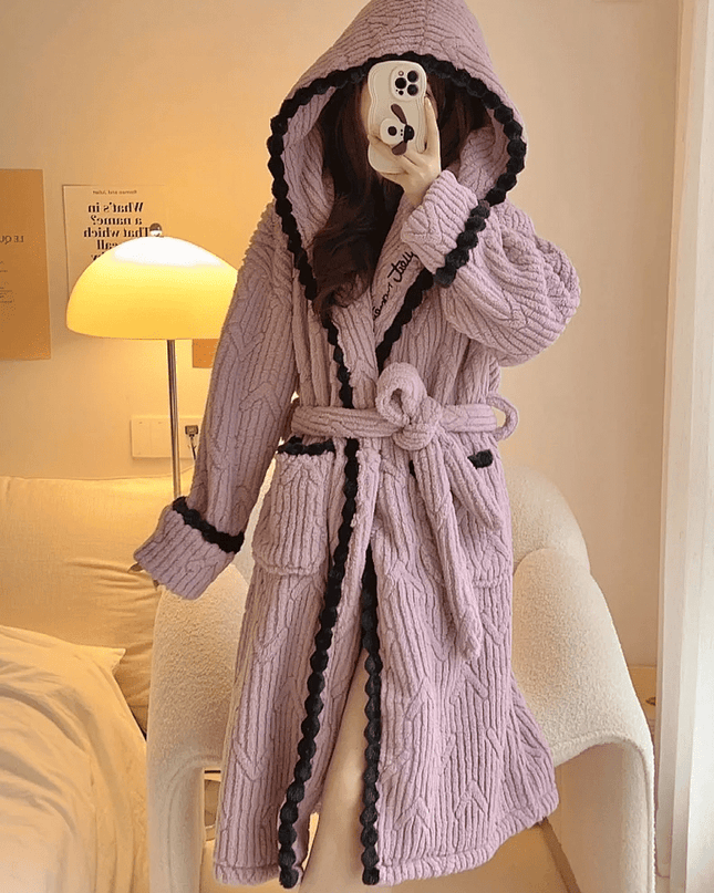 Luksusowy flanelowy szlafrok | Gruby aksamitny szlafrok w kolorze koralowym z długim kapturem 2