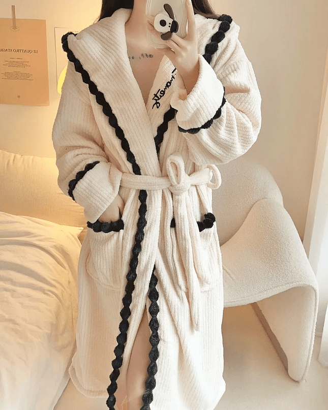 Luksusowy flanelowy szlafrok | Gruby aksamitny szlafrok w kolorze koralowym z długim kapturem 3