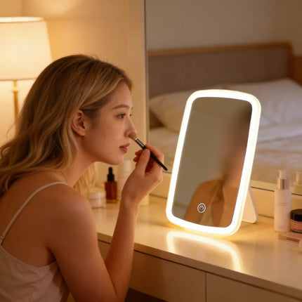 Lustro do makijażu LED z regulacją jasności, białe podświetlane lusterko z zasilaniem USB oraz bat 0