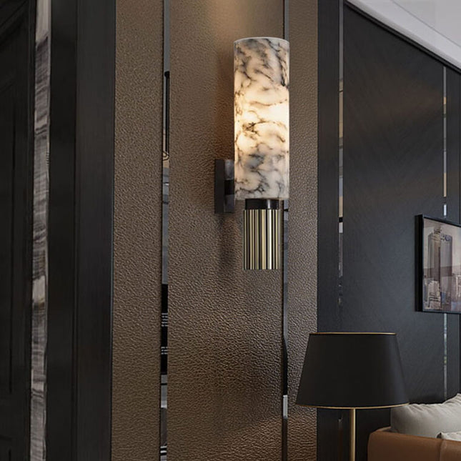 Marmurowa Lampa Ścienna Kinkiet z Miedzią, Elegancka Lampa na Ścianę do Salonu i Sypialni, Oświetlenie LED E14, 5 W, 37 cm 2