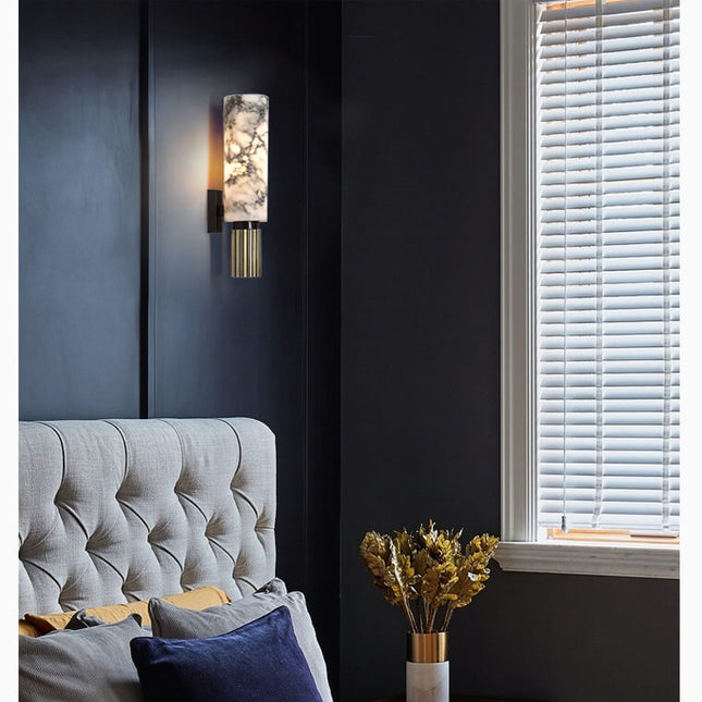 Marmurowa Lampa Ścienna Kinkiet z Miedzią, Elegancka Lampa na Ścianę do Salonu i Sypialni, Oświetlenie LED E14, 5 W, 37 cm 5