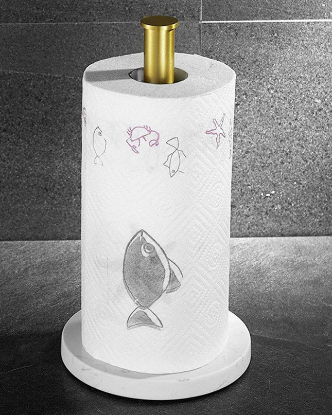 Marmurowo-złoty uchwyt na ręczniki kuchenne – stylowy design na duże i standardowe rolki 1