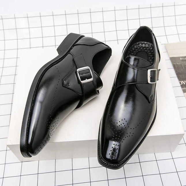 Męskie buty wizytowe z paskiem Monk Strap i amortyzowaną wkładką – polerowana czarna skóra Obuwie formalne 1
