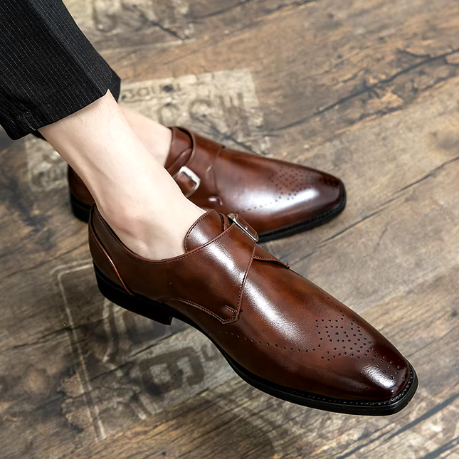 Męskie buty wizytowe z paskiem Monk Strap i amortyzowaną wkładką – polerowana czarna skóra Obuwie formalne 2