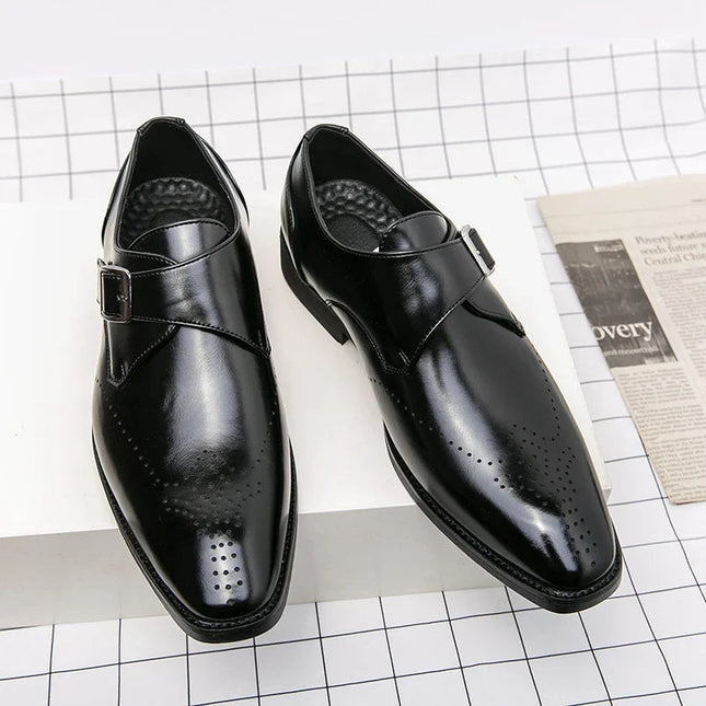 Męskie buty wizytowe z paskiem Monk Strap i amortyzowaną wkładką – polerowana czarna skóra Obuwie formalne 3